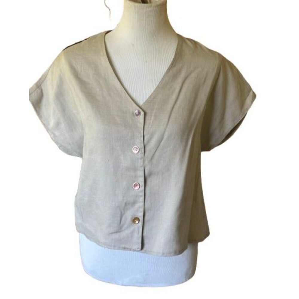 NWOT Vintage Regina Porter Tan 100% Linen Short Sleeve Button Front Top Size M
